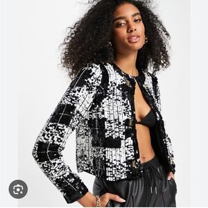 River Island boucle check sequin crop jacket in black size medium